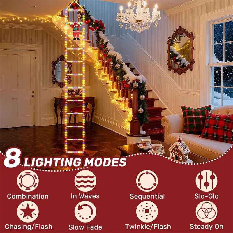 TLEDMP Leiter-Lichterkette mit kletterndem Weihnachtsmann und warmweißen Ornamenten für die Wand- und Fensterdekoration, mehrfarbig - Bild 2