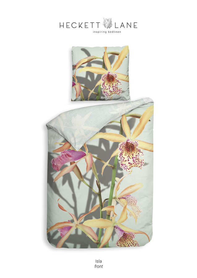 Heckett & Lane Mako-Satin Eco Bettwäsche Isla Orchidee Blumen Gelb Mint B/H: 155 x 220 cm mit Kissenbezug 80 x 80 cm - Bild 1