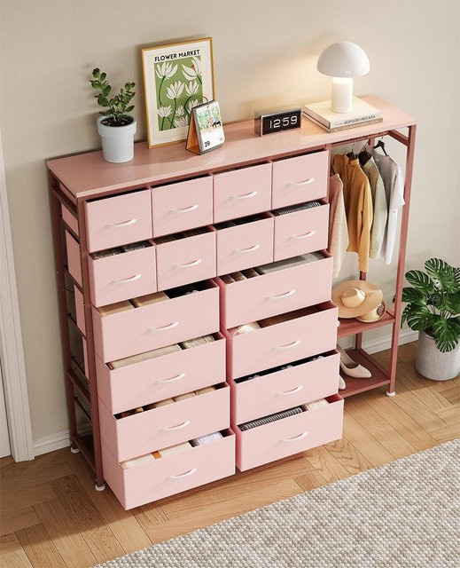 HiMISS Kommode in Pink mit 16 Schubladen, Kleiderständer und 2 Regalen für Schlafzimmer und Wohnzimmer - Bild 1