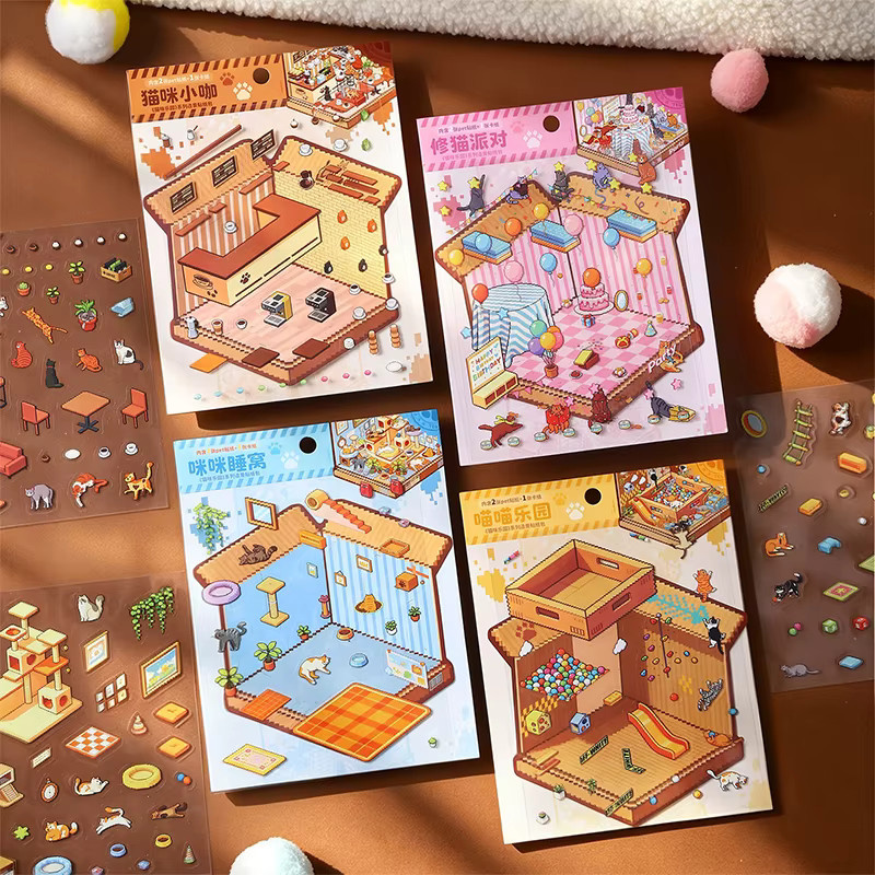 Katzenpark-Serie Landschaftsaufkleber Set mit 4 kreativen Katzen-Pixel-Paradies Motiven für dein DIY Tagebuch und Scrapbook in Multicolor - Bild 2