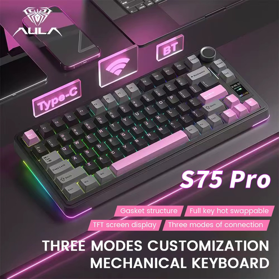 AULA S75 Pro Gaming Mechanische Tastatur in Pink mit RGB-Hintergrundbeleuchtung, 75 % Layout, Hot-Swap, LED-Display und 4000 mAh Akku - Bild 2