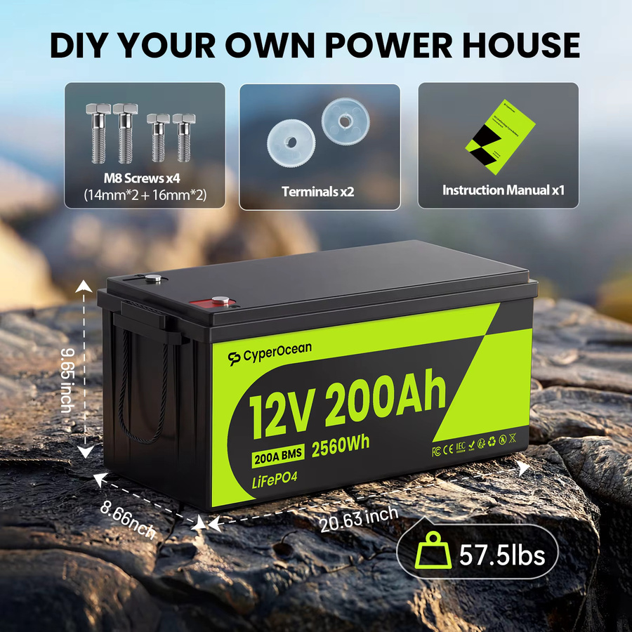 CyperOcean LiFePO4-Batterie 12V 200Ah mit integriertem 200A-BMS, wiederaufladbare Lithiumbatterie 2560Wh in Schwarz mit Niedertemperaturschutz für Wohnmobile, Boote und Camping - Bild 2