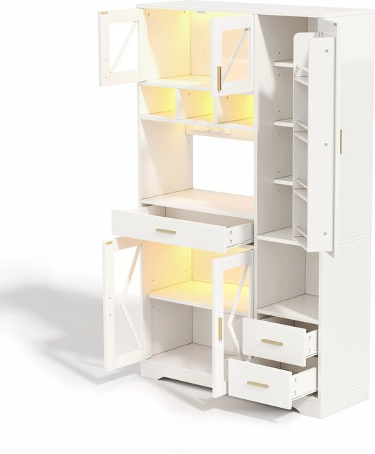 okwish Küchenschrank in Weiß mit LED-Beleuchtung, Glastüren und Schubladen, H: 185 cm, B: 105 cm, T: 40 cm - Bild 1