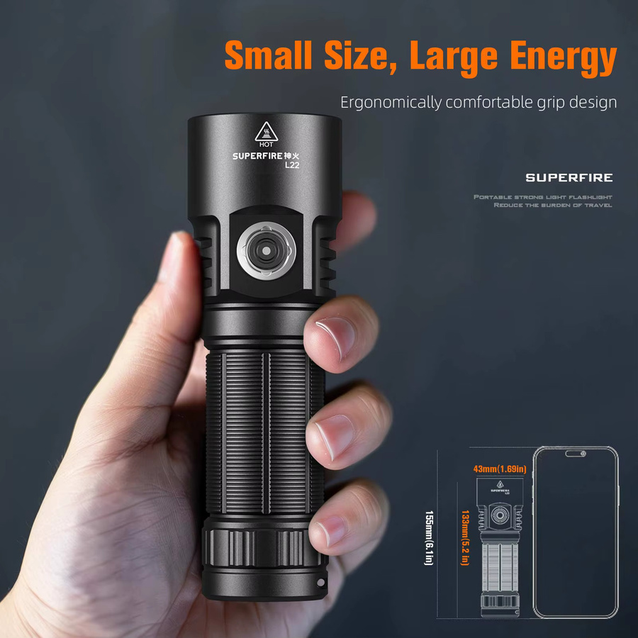SUPERFIRE L22 Wiederaufladbare LED Taschenlampe mit 3 LEDs, 60 W, 5000 Lumen, Schwarz - Bild 3