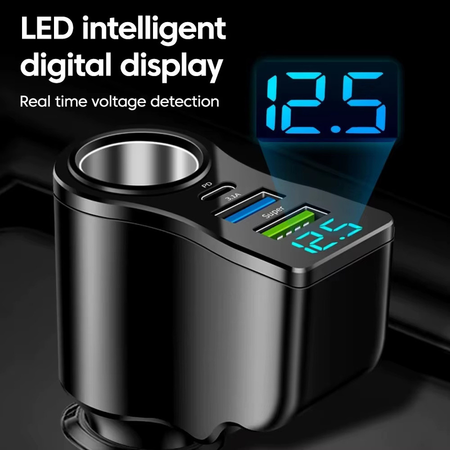 66W Dual USB Autoladegerät mit Digitalanzeige und PD Schnellladung in Schwarz für Samsung, Xiaomi und Huawei - Bild 2