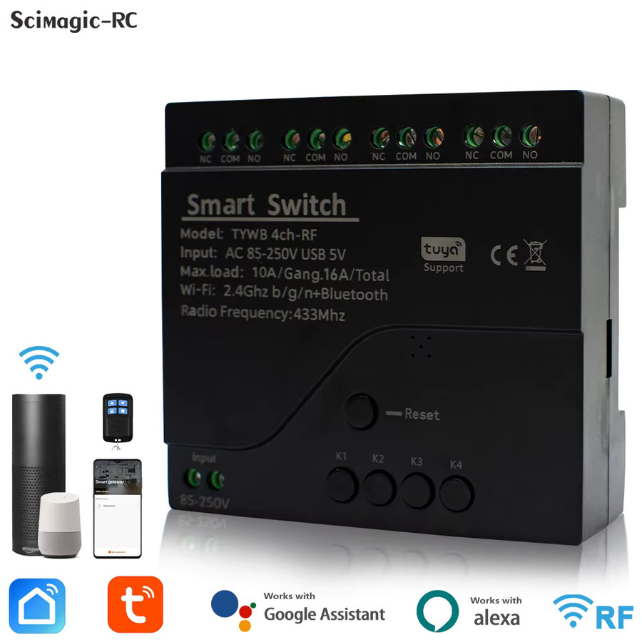 Tuya WLAN-Schalter mit 4 Kanälen und RF433 Empfänger, Smart Home Modul kompatibel mit Alexa und Google Home, AC/DC 7-32V / AC 220V, 10A - Bild 2