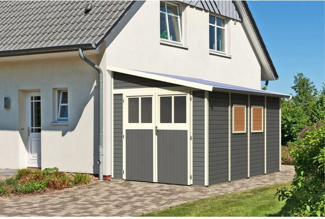 Karibu Holz-Gartenhaus Timsund mit Pultdach in Terragrau, lackiert, B/T/H: 352 x 235 x 243 cm - Bild 1