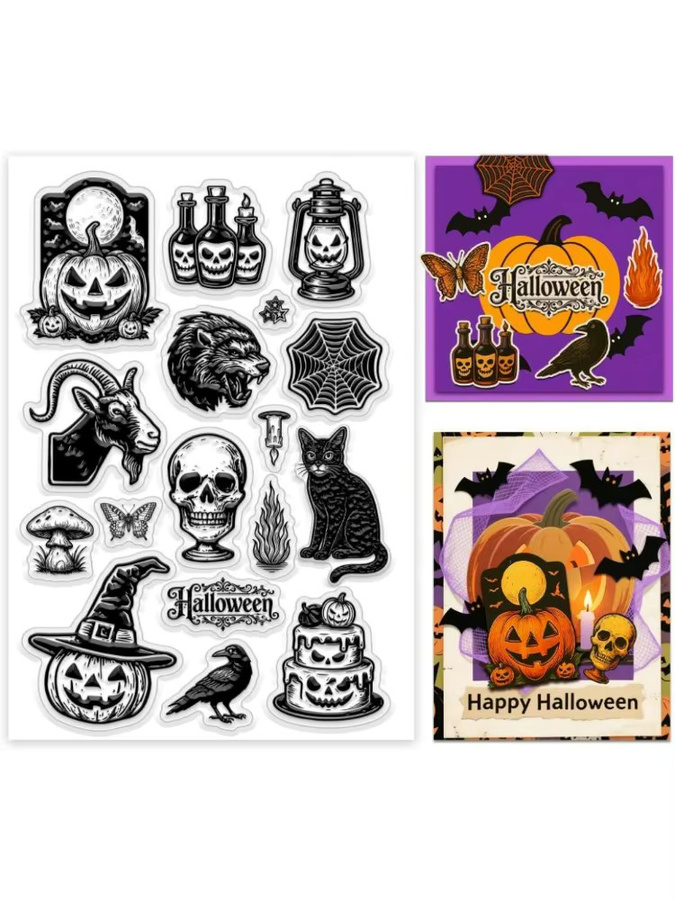 Transparenter Gummistempel mit Totenköpfen, Kürbissen, Krähen und schwarzer Katze in Schwarz für Karten und Bastelarbeiten - Bild 4