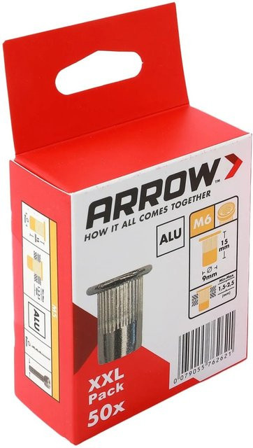 Arrow Nietmutter RN M6 aus Aluminium in Silber/Grau, Durchmesser: 9 mm, Tiefe: 15 mm, 50 Stück - Bild 1