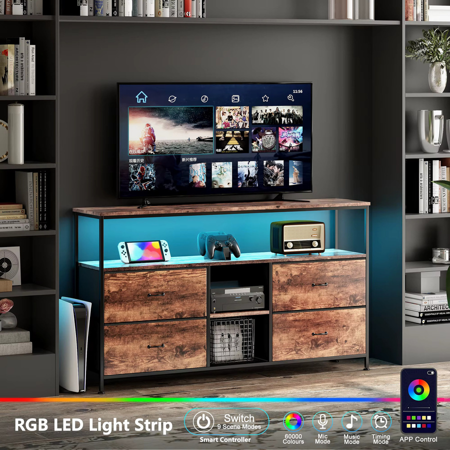 Anajqaqia TV-Schrank im Vintage-Design mit LED-Beleuchtung und 4 Stoffschubladen, Sideboard für Wohnzimmer und Eingangsbereich, B/T/H: 108 x 30 x 76,8 cm - Bild 3