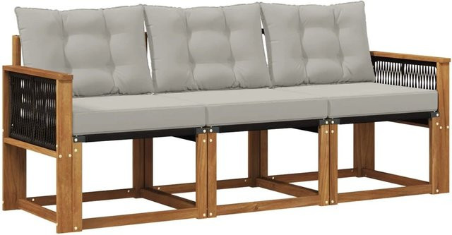 vidaXL Outdoor-Sofagarnitur aus massivem Akazienholz mit Textilene und Kissen in Beige und Grau - Bild 1