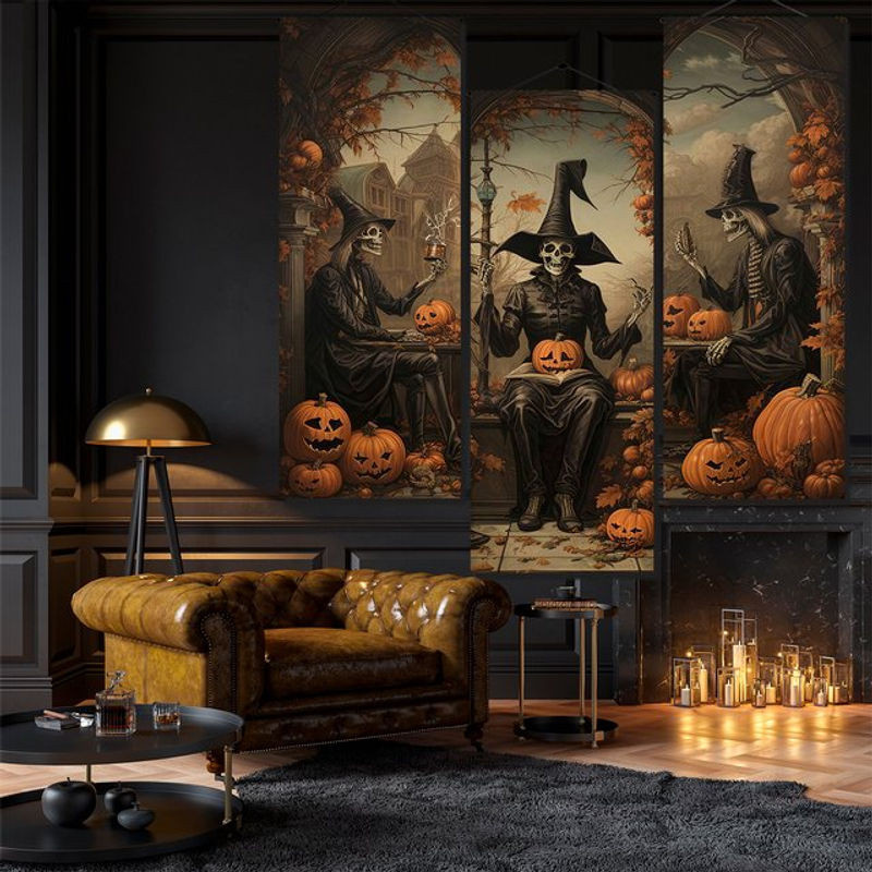 3er Set Vintage Halloween Dekoration Banner mit Horror Porträts von Mann, Schädel und Geist als Hintergrund für deine Villa - Bild 1