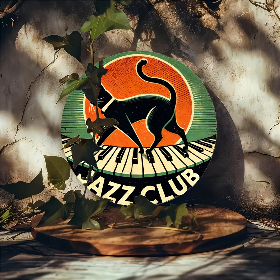 Potdemiel Vintage Jazz Club Aluminium-Wandkunst – Dekorative Metallwanddekoration mit schwarzer Katze auf Klavier in Schwarz und Multicolour, Durchmesser: 20 cm - Bild 3