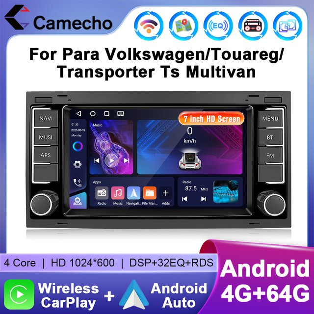 Camecho Drahtloses Carplay und Android Auto Radio für VW Volkswagen Touareg 2004-2011, Multimedia Player mit 4 GB RAM + 64 GB Speicher, WIFI und GPS, Schwarz - Bild 1