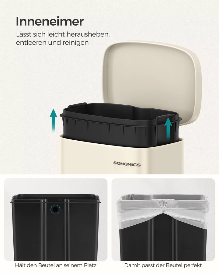 SONGMICS Küchenmülleimer mit Softclose-Deckel und Inneneimer, 30 Liter, Beige - Bild 2