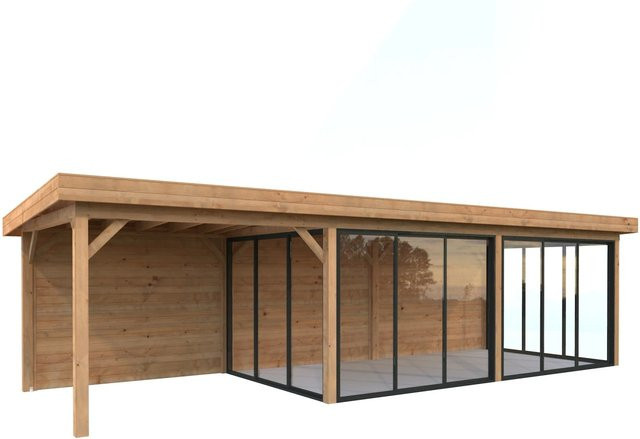 Palmako Pavillon Lenna Set 418 Slide Braun aus Fichtenholz mit Alu-Schiebetüren und ESG Glas, B/H/T: 876 x 245 x 300 cm - Bild 1