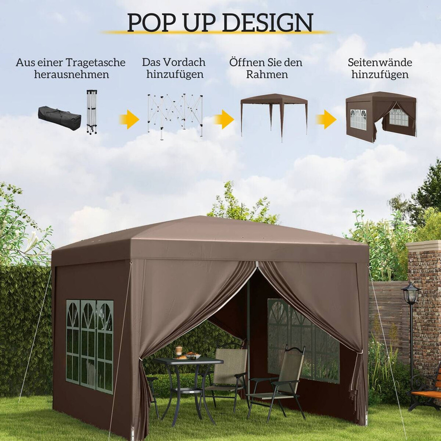 Outsunny Pavillon aus Polyester und Stahl in Braun mit Fenstern, B/H/L: 295 x 258 x 295 cm - Bild 5