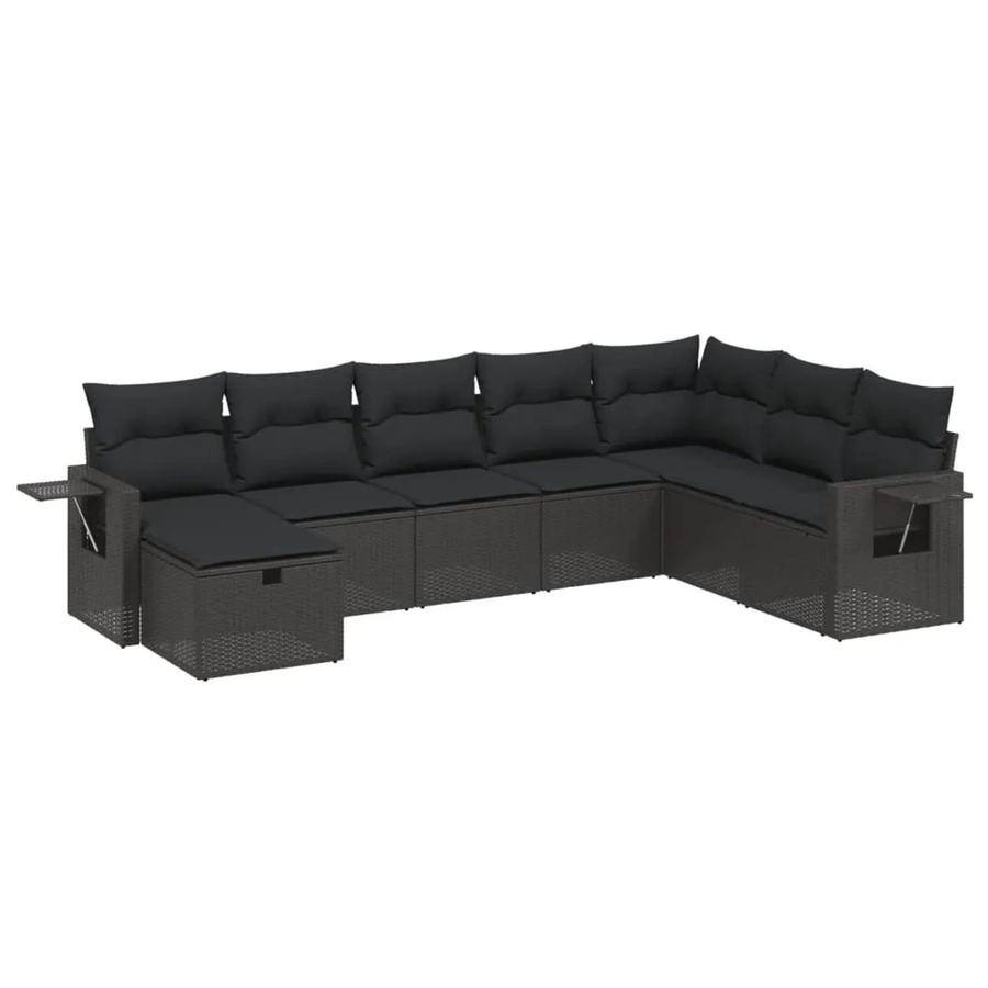 vidaXL 8-tlg Garten-Sofagarnitur in L-Form mit Ottoman und Kissen, Schwarz, Poly-Rattan und Metallrahmen - Bild 2