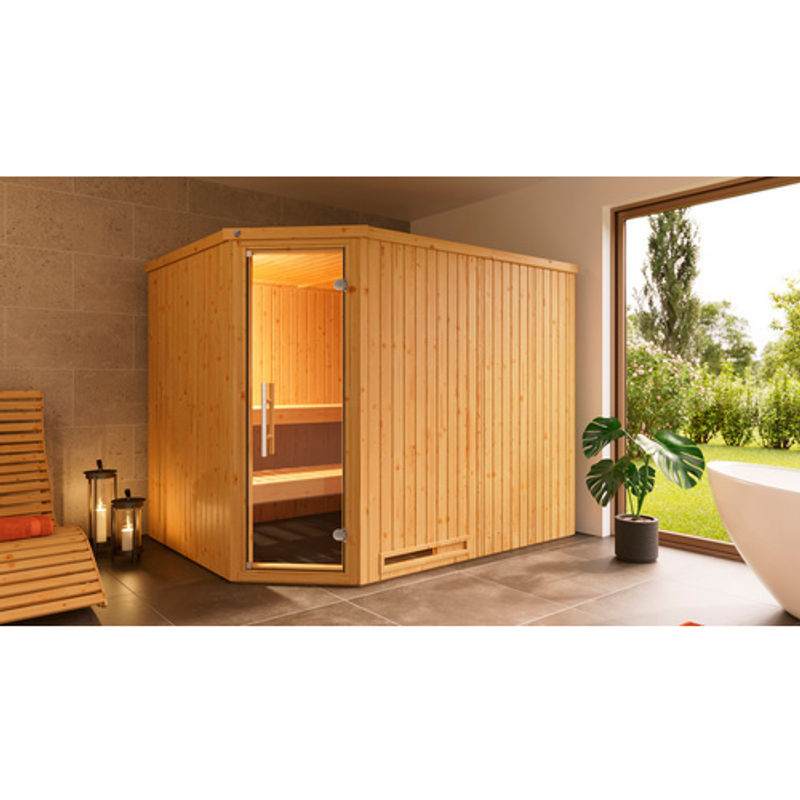 WEKA Ecksauna Varberg 4 für 6 Personen in Braun mit 7,5 kW Ofen und externer Steuerung - Bild 2