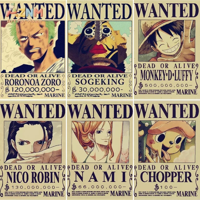 AZNM One Piece Straw Hat Crew Wanted Poster Wandkunst als rahmenlose Leinwand in Vintage-Optik, mehrfarbig - Bild 1