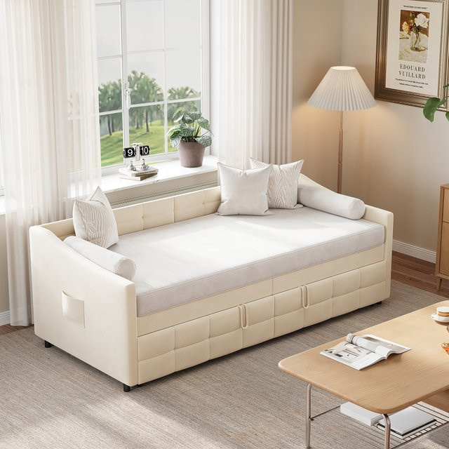 Gepolstertes 2-Sitzer-Couchbett aus Samt in Grau mit Lattenrost, B/T/H: 90 x 200 cm - Bild 1