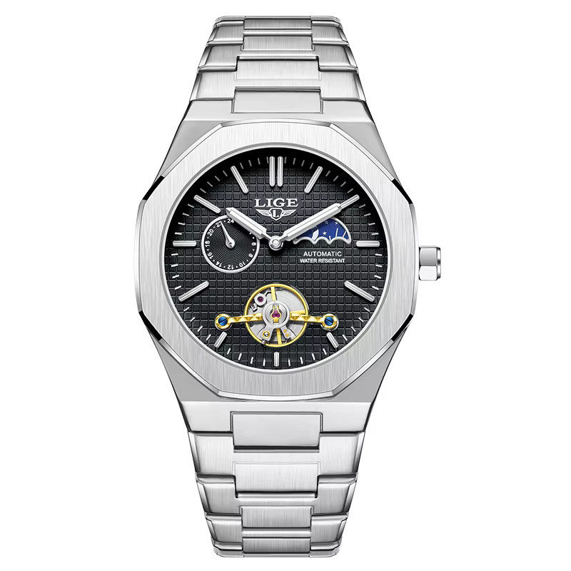 LIGE Armbanduhr Automatik, Mondphase, Edelstahl, Herren, Schwarz, Silber - Bild 6