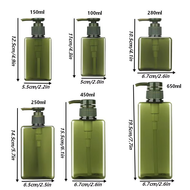 AESTHTANY Quadratischer Seifenspender aus Kunststoff, Nachfüllbare Shampoo- und Duschgel-Flasche mit Pumpe, Grün, 100 ml bis 650 ml - Bild 4
