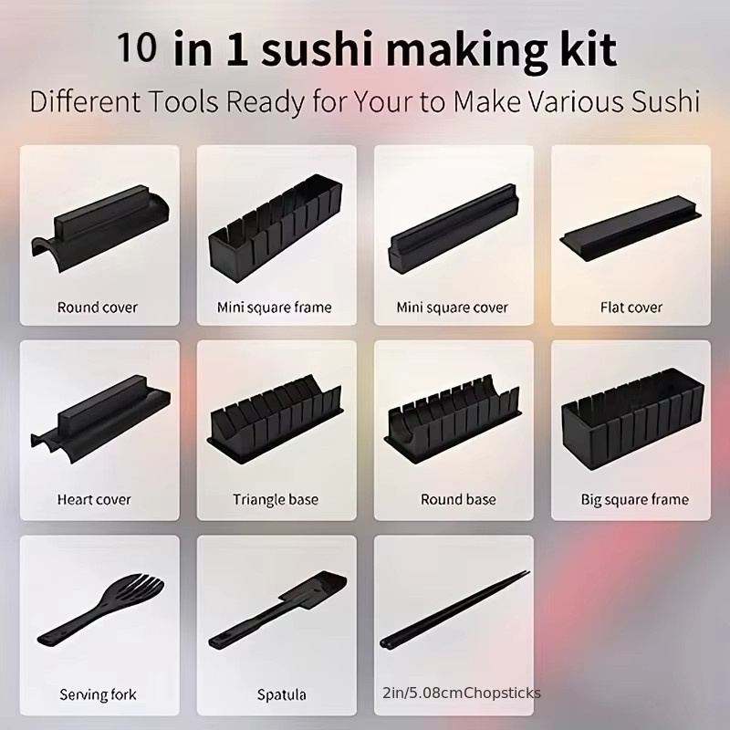 PGY Sushi-Herstellungsset aus Kunststoff, 10-teiliges Sushi-Maker-Set in Schwarz, rechteckige Rollenform für Sushi-Reis - Bild 4