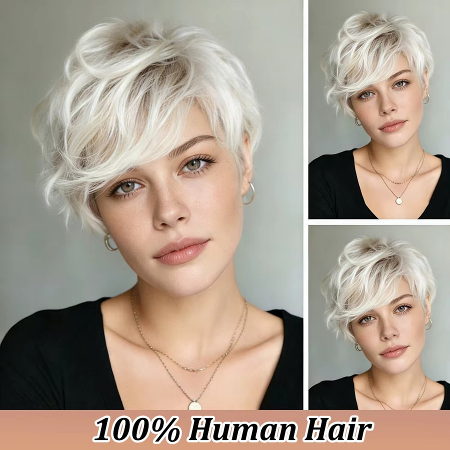 OYM HAIR Pixie-Perücke, platinblond, Echthaar, kurz, geschichtet, mit Pony, Damen - Bild 2