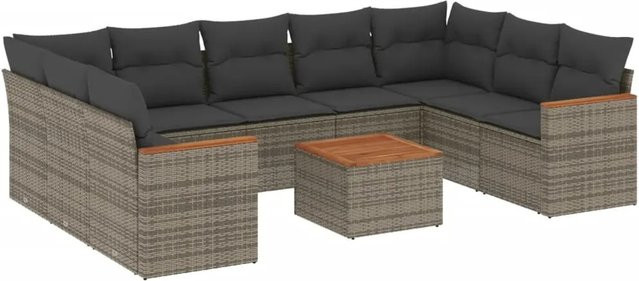 vidaXL 10-teilige Garten-Sofagarnitur in L-Form aus grauem Poly-Rattan mit Kissen und pulverbeschichtetem Stahlgestell - Bild 1