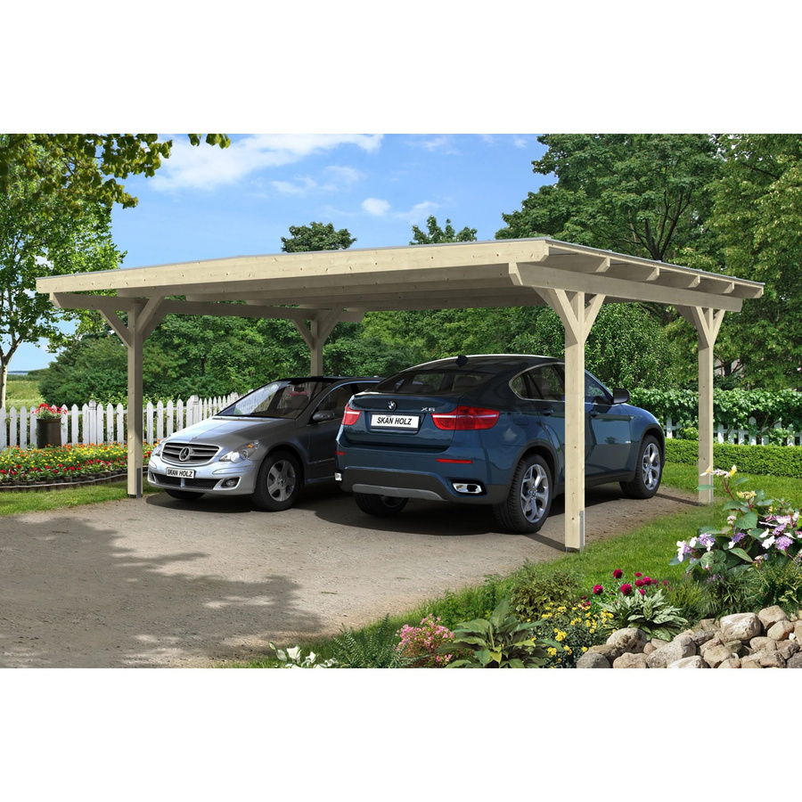 Skan Holz Carport Odenwald Flachdach aus Fichte Leimholz mit Doppelstegplatten aus Polycarbonat, Farbe: beige, B/T: 640 x 541 cm, Höhe: 244 cm - Bild 2