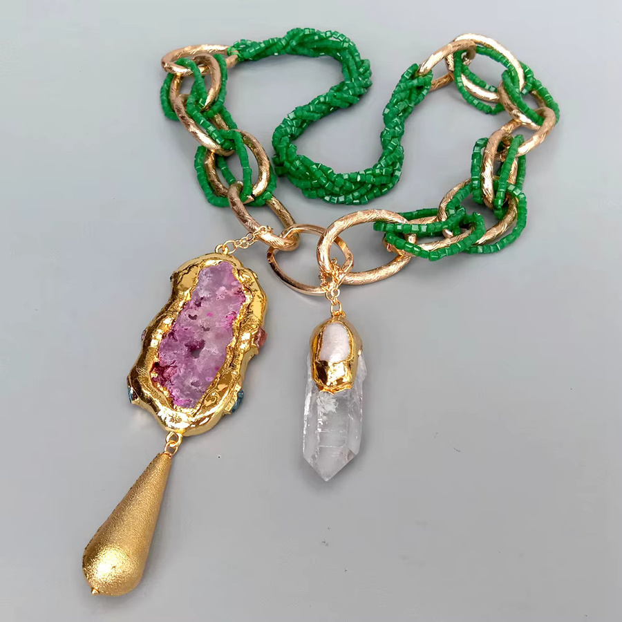 SETTIMANA Halskette, Grüne Kristall-Loop-Kette, Fuchsia-Achat-Scheibe, weißer Quarz, Biwa-Perlen-Punkt-Anhänger, 61 cm, Unisex - Bild 4