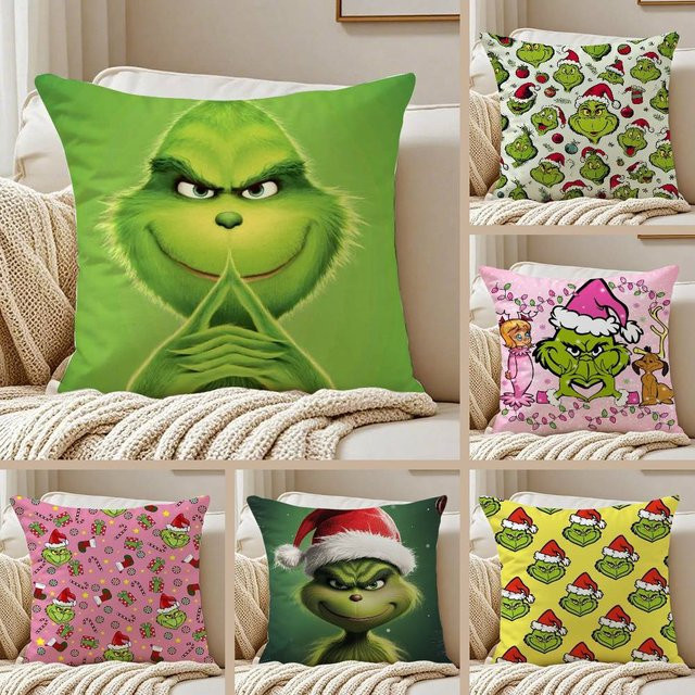 Weihnachtlicher Kissenbezug mit Grinch-Motiv aus grünem Kurzplüsch, quadratisch, 30 x 30 cm - Bild 1