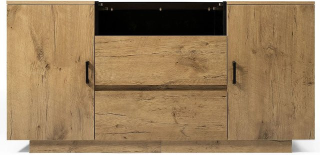 Merax Sideboard in Eiche mit Glas und 2 Schubladen, B/T/H: 140 x 40 x 70 cm - Bild 1