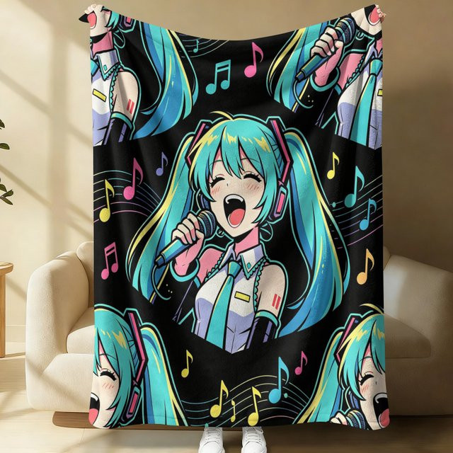 Hatsune Miku Rock Star Flanell-Überwurfdecke, weiche Fleece-Sommerdecke in Multicolour, B/B/H: 100 x 70 x 1 cm - Bild 1