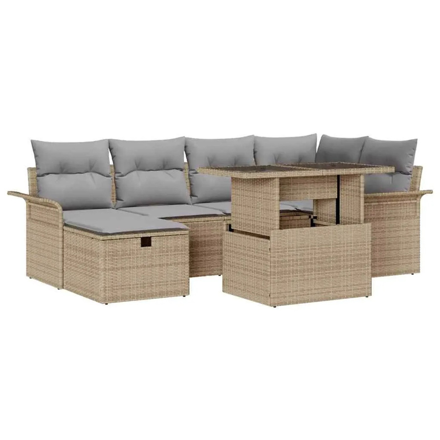 vidaXL Garten-Sofa-Set aus Polyrattan in Beige, 7-teiliges L-Shape Lounge-Set mit Kissen, Ottoman, Couchtisch und integriertem Stauraum für Terrasse und Garten - Bild 2