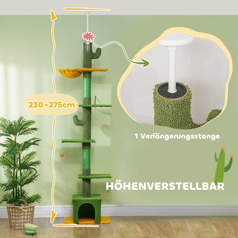 PawHut Deckenhoher Kratzbaum Grün mit Katzenhöhle, Hängematte und Spielzeug, B/T/H: 34 x 55 x 275 cm - Bild 3