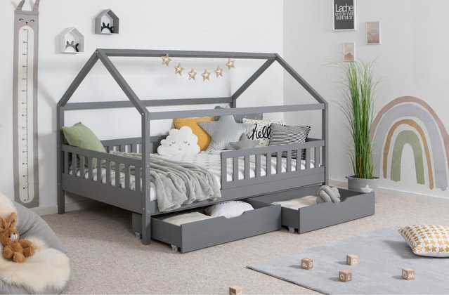 TiCAA Montessori Hausbett Kay aus Kiefer Massivholz mit Schubladen und Rausfallschutz in Grau - Bild 1