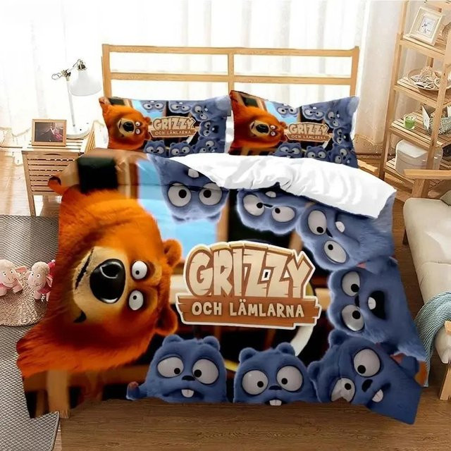 Grizzly & The Lemmings Cartoon Anime Bettwäsche-Set mit Kissenbezug, weich, Single, B x H: 135 x 200 cm - Bild 1