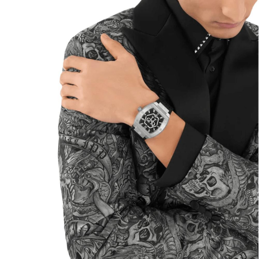 Philipp Plein Herrenuhr, Quarz, Edelstahl, Tonneau, 44 mm, Silikon, Schwarz - Bild 4