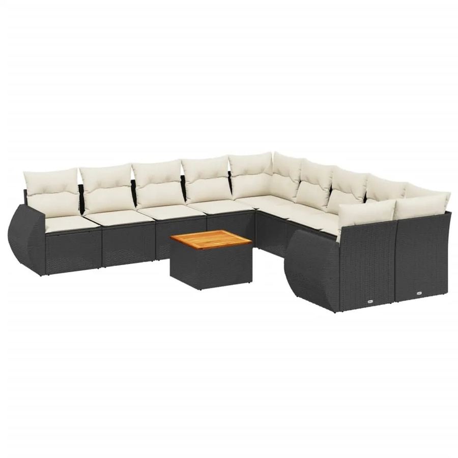 vidaXL 11-tlg. Garten-Sofagarnitur aus Poly-Rattan und Akazienholz in Schwarz-Creme mit UV-beständigen Kissen - Bild 2