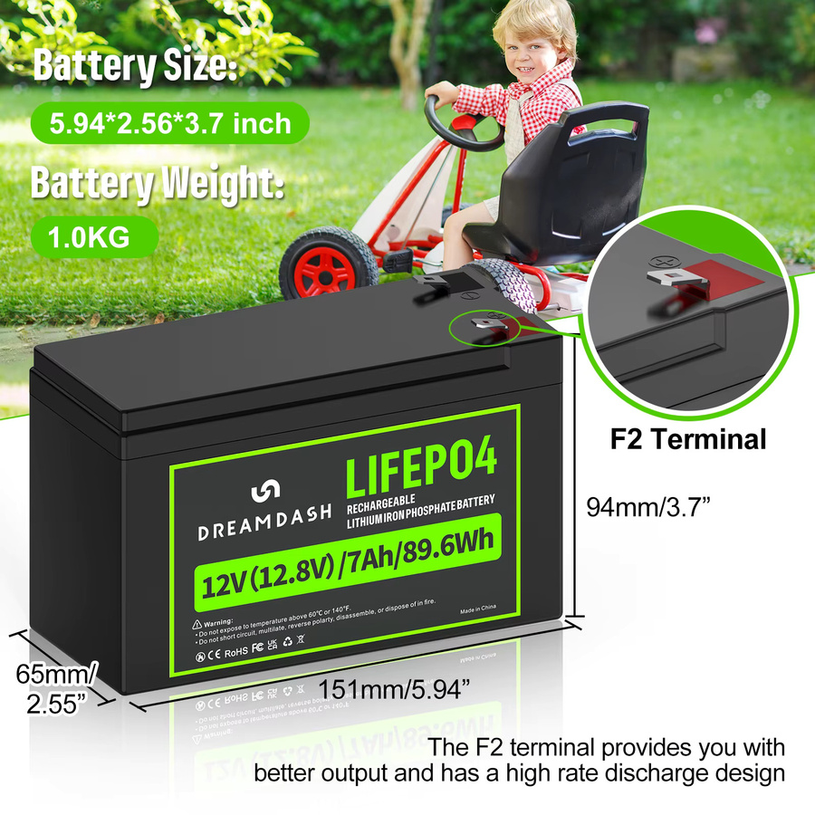 Dreamdash 12V 7Ah LiFePO4 Akku 89,6Wh Wiederaufladbare Lithium-Eisenphosphat-Batterie mit integriertem BMS und F2 Anschluss in Schwarz - Bild 6
