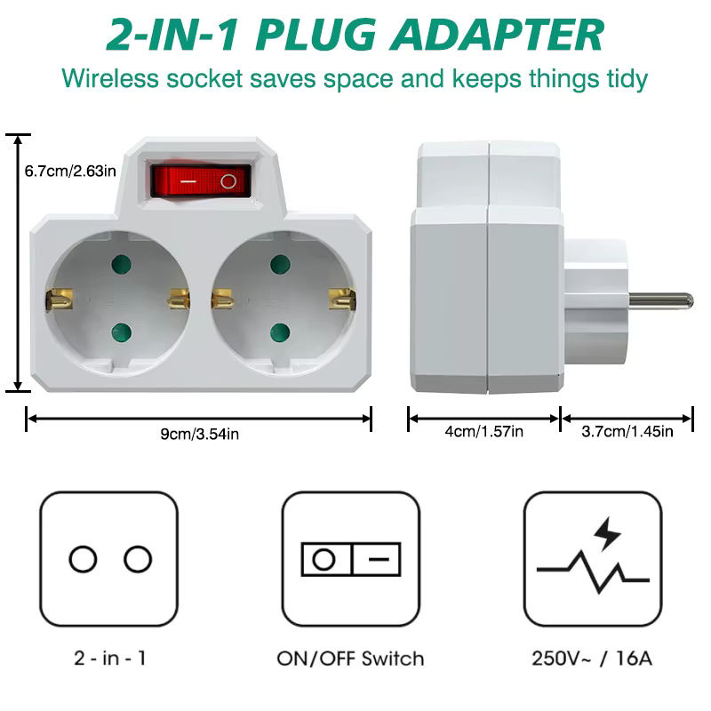 HITRENDS Deutschland-Steckdosenadapter mit Anzeigeschalter EIN/AUS in Weiß, 2-polig 4,8 mm Reiseadapter zur Stromversorgung - Bild 2