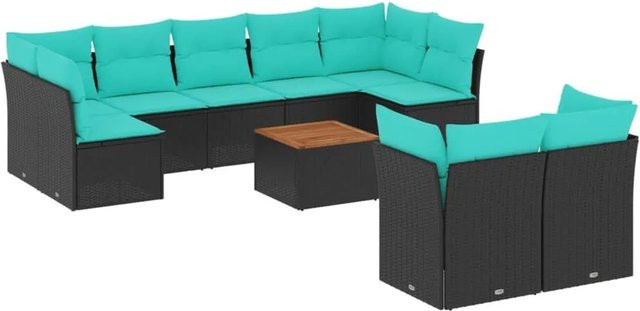 vidaXL 10-teilige Garten-Sofagarnitur aus Polyrattan in Schwarz mit Sitzkissen und Tisch in L-Form - Bild 1