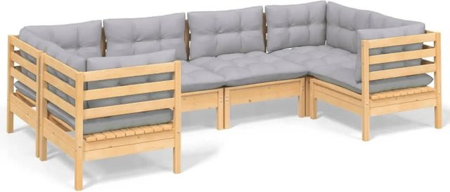vidaXL 6-teiliges Garten-Lounge-Set aus massivem Kiefernholz in Braun-Grau mit grauen Polstern und Kissen in L-Form - Bild 1