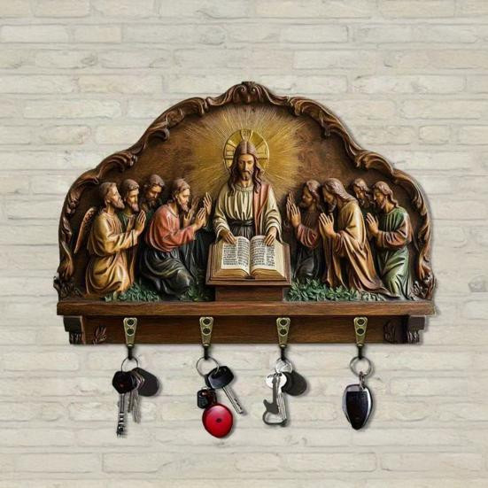 Wandmontierter Schlüsselhalter aus Kiefernholz mit Jesus-Motiv als dekorativer Schlüsselorganisator - Bild 2
