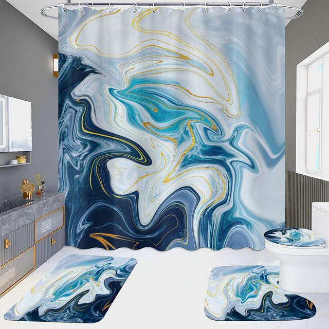 VIKAMA Duschvorhang Set mit Marmor Textur in Grau, Gold und Blau, moderne Design Stoff für dein Badezimmer, Höhe: 180 cm, Breite: 180 cm - Bild 1