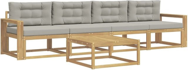 vidaXL Outdoor-Sofagarnitur in L-Form aus Akazienholz mit Kissen und Couchtisch, Weiß und Grau - Bild 1