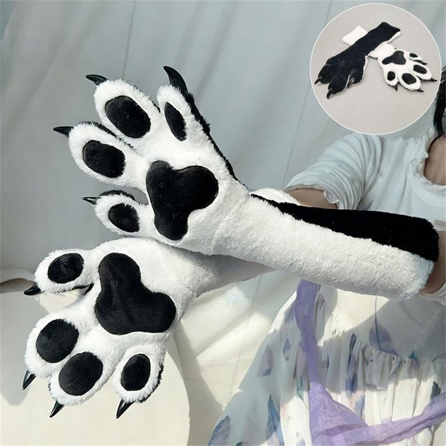 YIRAN Fursuit Pfotenhandschuhe, 1 Paar, Weiß, mit Quietscher, Harz-Krallen & Plüsch-Polstern - Bild 1