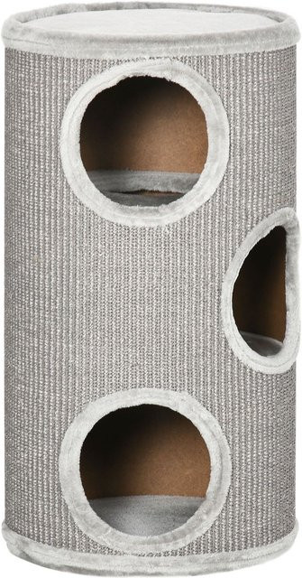 PawHut Kratztonne für Katzen mit 3 Höhlen aus Sisal und Plüsch, Grau, B/T/H: 38 x 38 x 70 cm - Bild 1